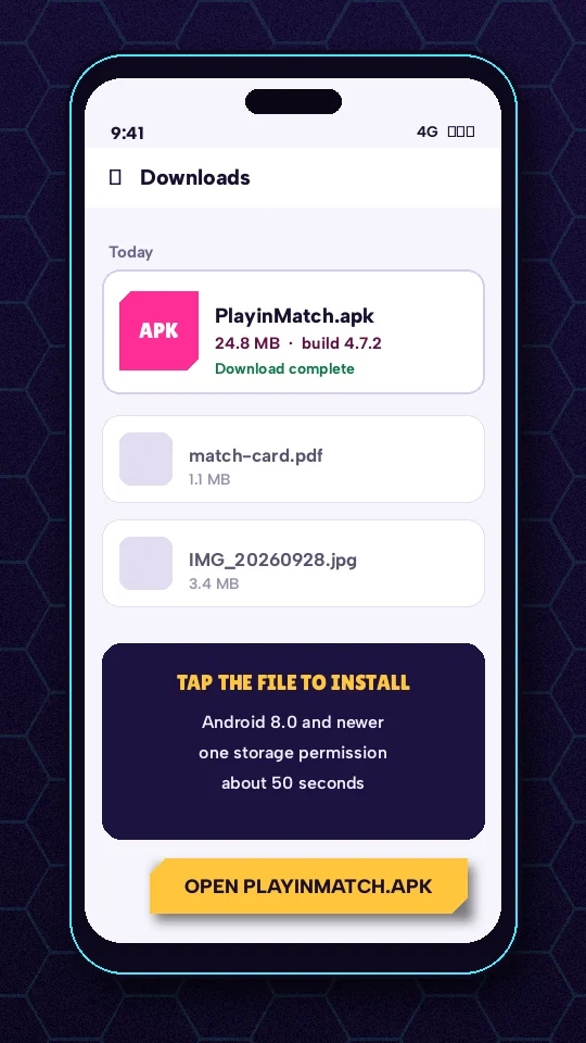 Phone screen showing the PlayinMatch APK file at 24.8 MB in the downloads list