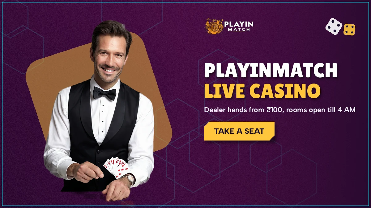 Live dealer dealing cards at a PlayinMatch casino table late at night