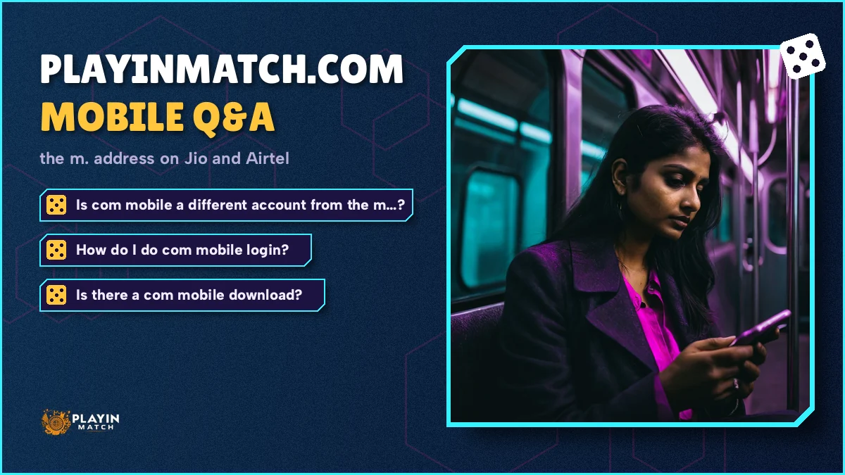 Hand holding a phone with the PlayinMatch m. address loaded beside a laptop on the main domain