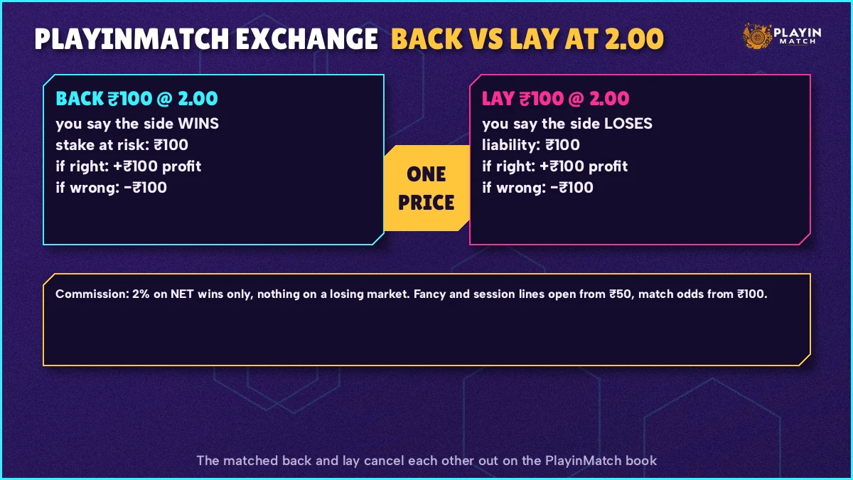 Diagram of a PlayinMatch exchange back stake matched against a lay liability at one price