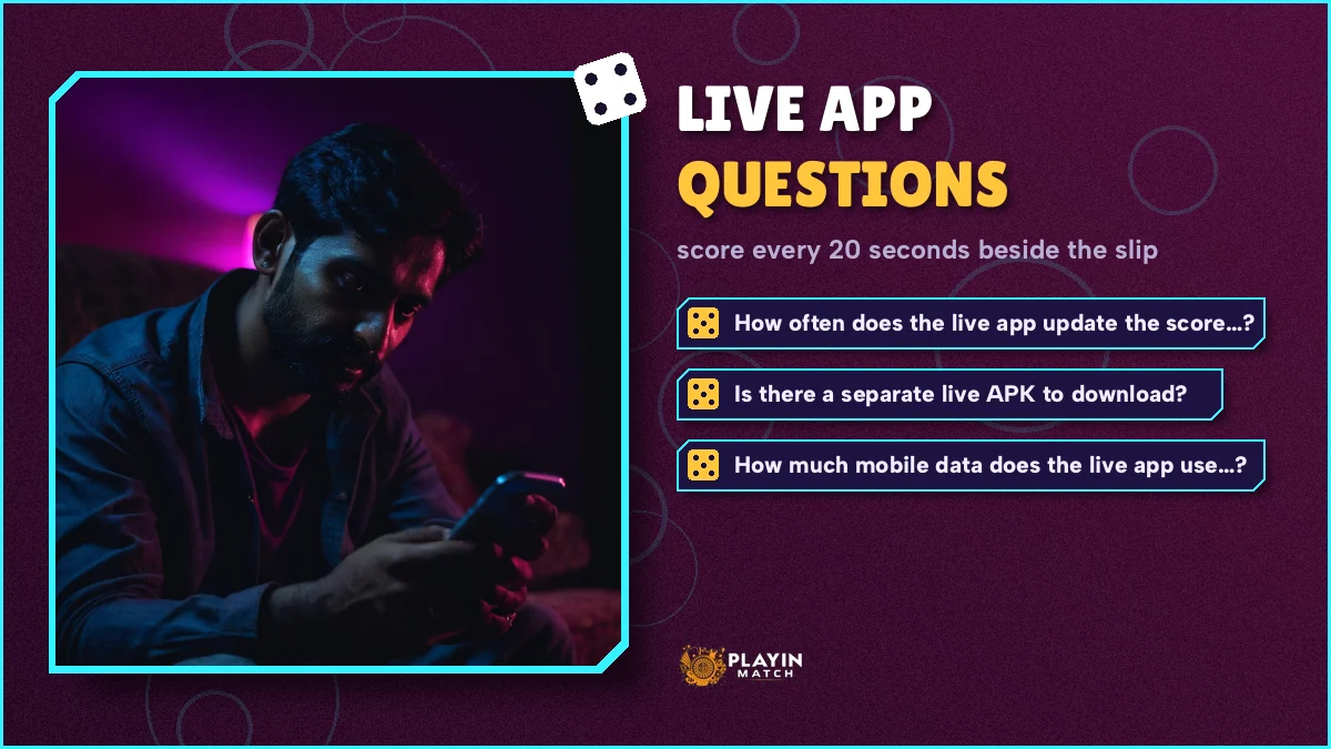Fan reading answers about PlayinMatch live app data use and score refresh on a phone
