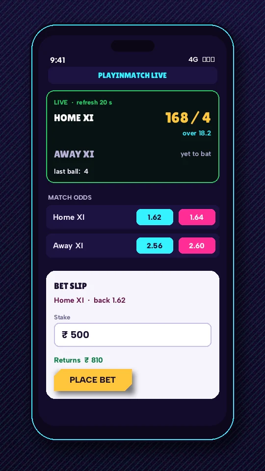 Phone mock of the PlayinMatch match screen with the score strip above the stake box