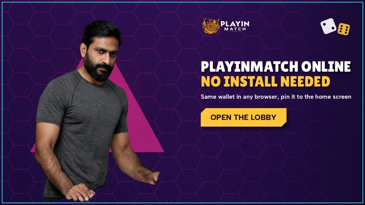 Cricket batsman beside a phone showing the PlayinMatch lobby inside a browser tab