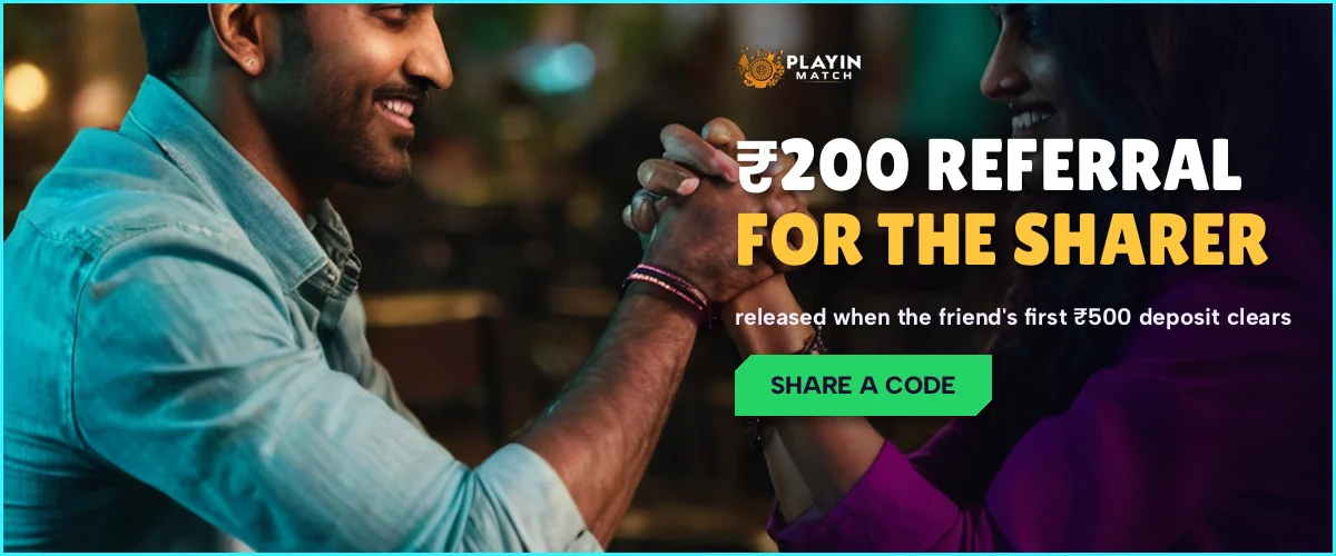 Referral slide showing two friends sharing a PlayinMatch code on their phones