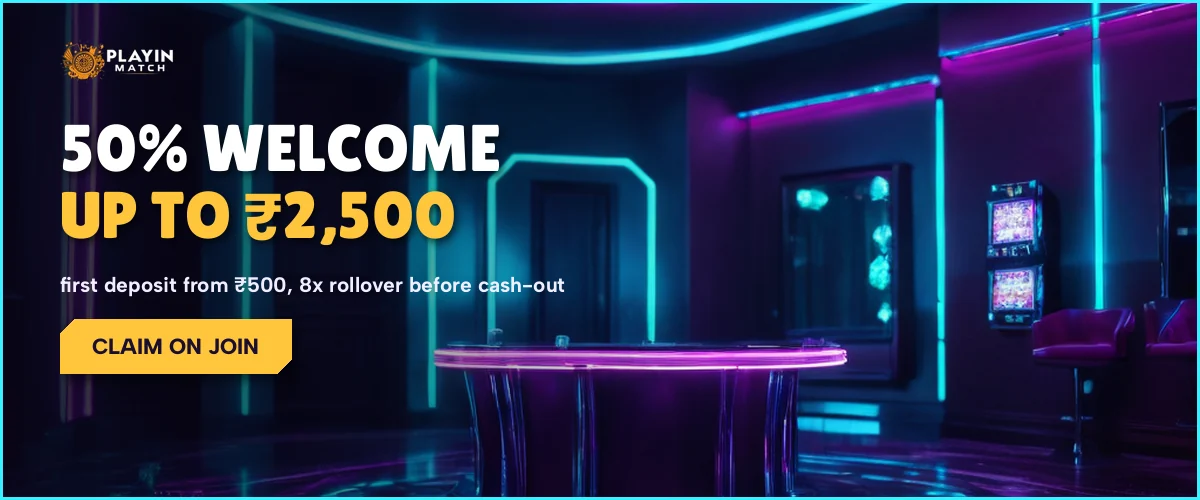 Welcome slide with a fifty percent first-deposit credit added to a PlayinMatch wallet