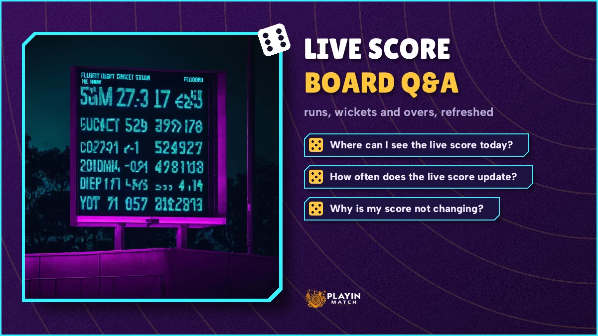 PlayinMatch result cards from recent days stacked beside a live over counter