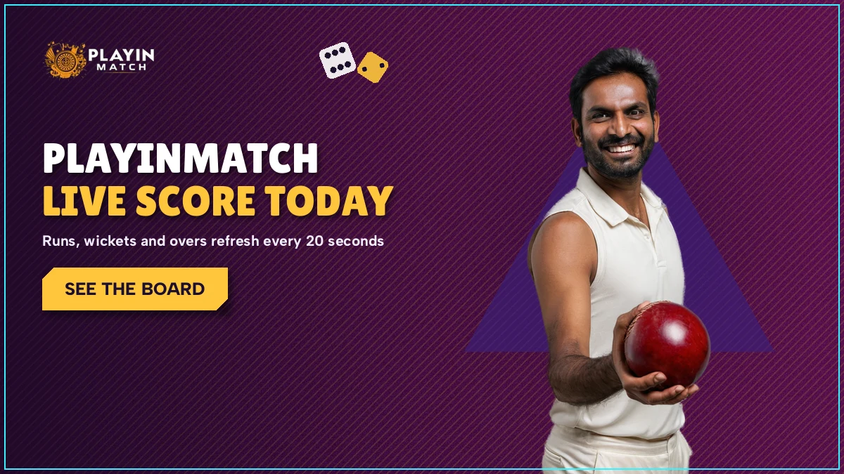 PlayinMatch score strip glowing above an open cricket market on a phone screen