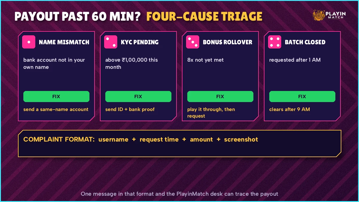 Four-cause PlayinMatch triage sheet showing name mismatch, KYC, bonus rollover and the 1 AM batch cut-off